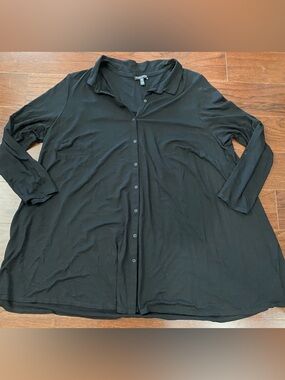 Eileen Fisher tunic top button up black jersey long sleeve classic collar 3X